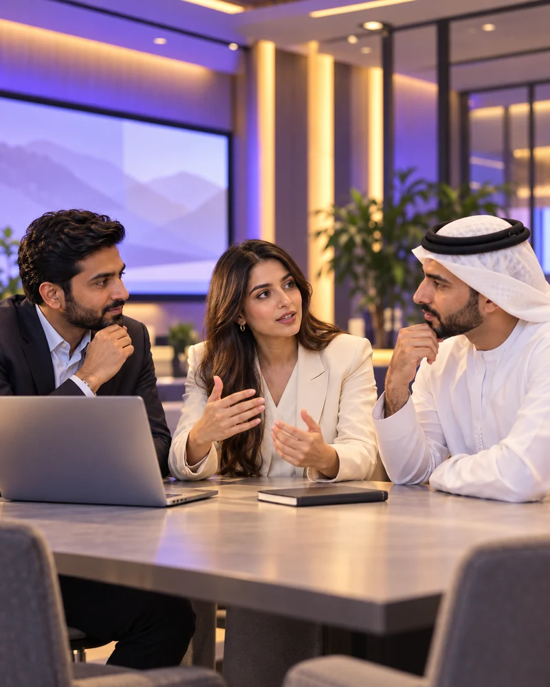 Three professionals sharing ideas around a meeting table
